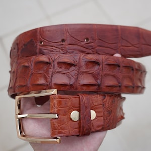 Cognac Genuine Alligator Horn Leather Skin Men&#39;s Belt W 1.5 Inch With Pin Buckle/ Birthday Gifts Men/ Gifts For Him/ Mens Leather Belt