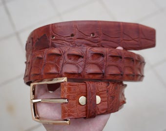 1.3" Width Cognac Genuine Alligator Horn Leather Skin Men's Belt With Pin Buckle/ Birthday Gifts Men/ Gifts For Him/ Mens Leather Belt