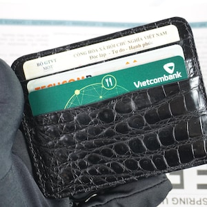 ブラック ミニマリスト クレジットカードホルダー アリゲーターレザー RFID ブロック 薄型 両面 スリム ハンドメイド エキゾチックレザー ウォレット