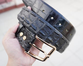 Black Genuine Alligator Horn Leather Skin Men's Belt W 1.3 Inch With Removable Screws Pin Buckle/ Birthday Gifts Men/ Mens Leather Belt