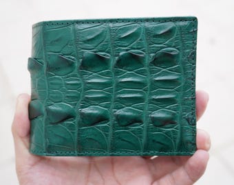 Cartera plegable para hombre de piel de caimán auténtica verde con solapa para identificación, personalizada, exótica de primera calidad para hombre