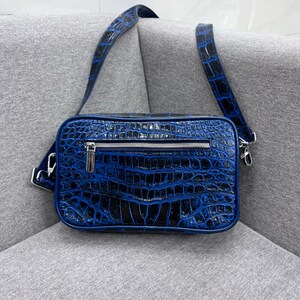 Sac unisexe en cuir véritable en alligator bleu, cadeau pour lui, cadeau pour elle, sac en cuir exotique