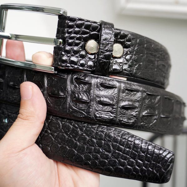 Black Genuine Alligator Horn Leather Skin Men's Belt W 1.5 Inch With Removable Screws Pin Buckle/ Birthday Gifts Men/ Mens Leather Belt