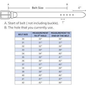 May include: Diagram illustrating belt sizing, including measurements for belt size, measurement to the 3rd hole, and measurement to the end of the belt. The diagram also shows the belt's buckle and the location of the belt holes.