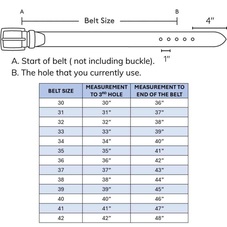 May include: Diagram illustrating belt sizing, including measurements for belt size, measurement to the 3rd hole, and measurement to the end of the belt. The diagram also shows the belt's buckle and the location of the belt holes.