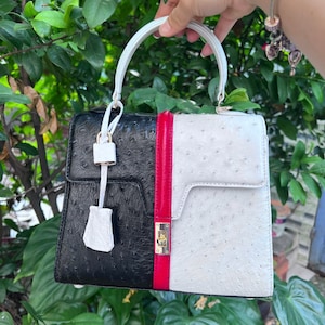 White Black Ostrich Genuine Leather Skin Women&#39;s  Handbag, Premium Exotic Bag For Women, Valentines Gift