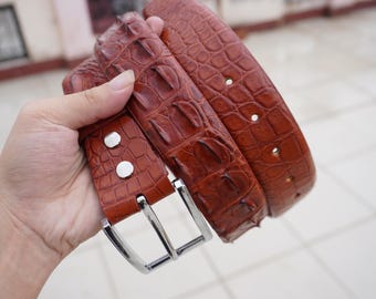 Cognac Genuine Alligator Horn Leather Skin Men's Belt W 1.5 Inch With Removable Screws Pin Buckle/ Birthday Gifts Men/ Gifts For Him