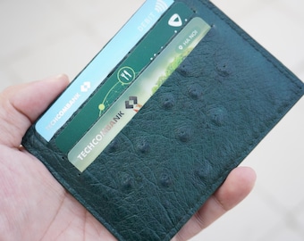 Green Minimalist Credit Card Holder Ostrich Leather Thin Double Side Slim Handmade Exotic Leather Wallet