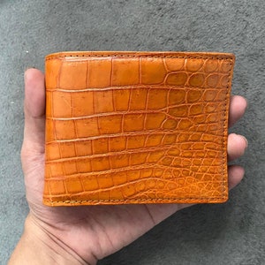 Orange Alligator Genuine Leather Skin Men's Bifold Wallet, Regalo para él, Premium Exotic Leather Wallet