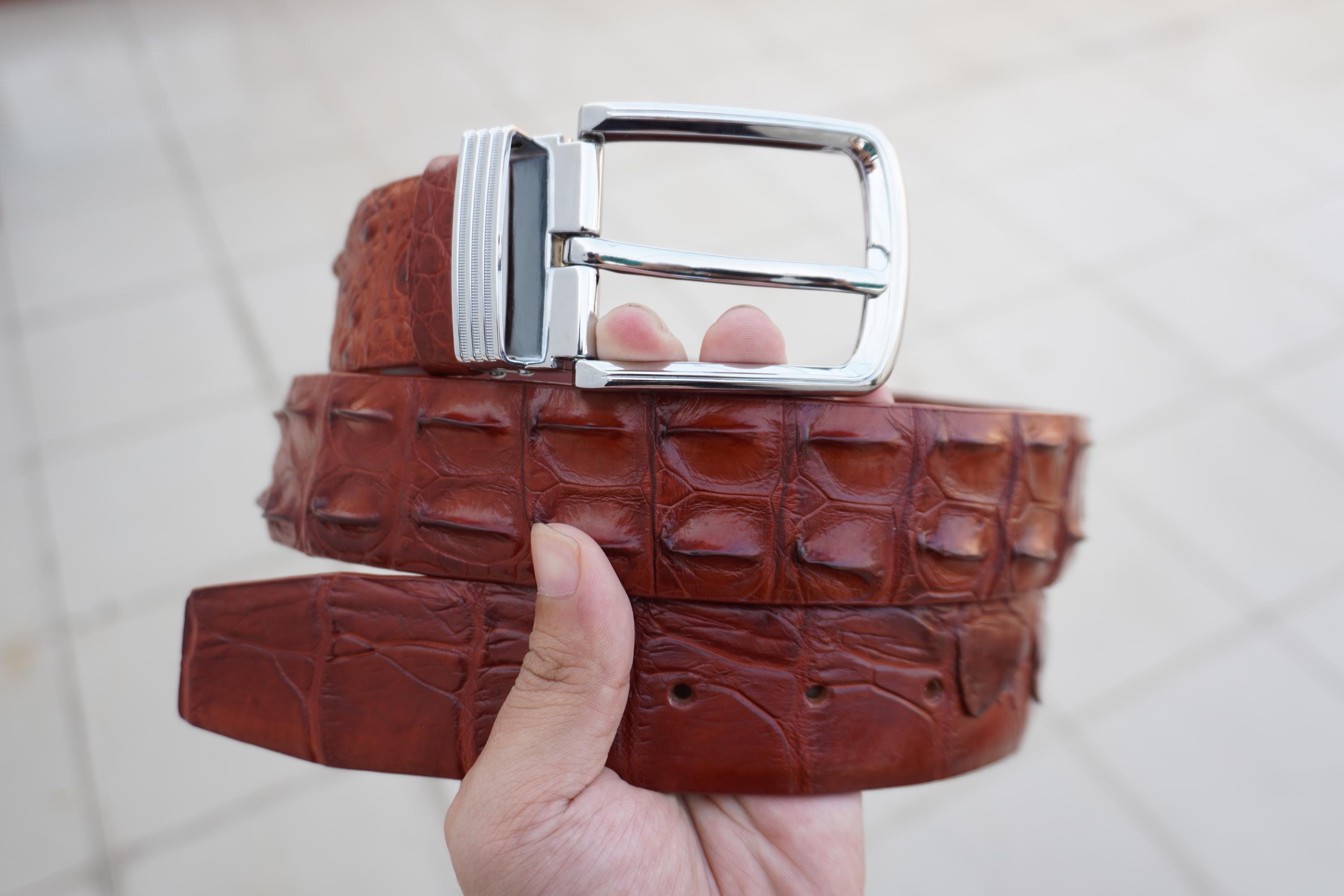 Cognac Handmade Genuine Alligator Horn Leather Skin Men's Belt W