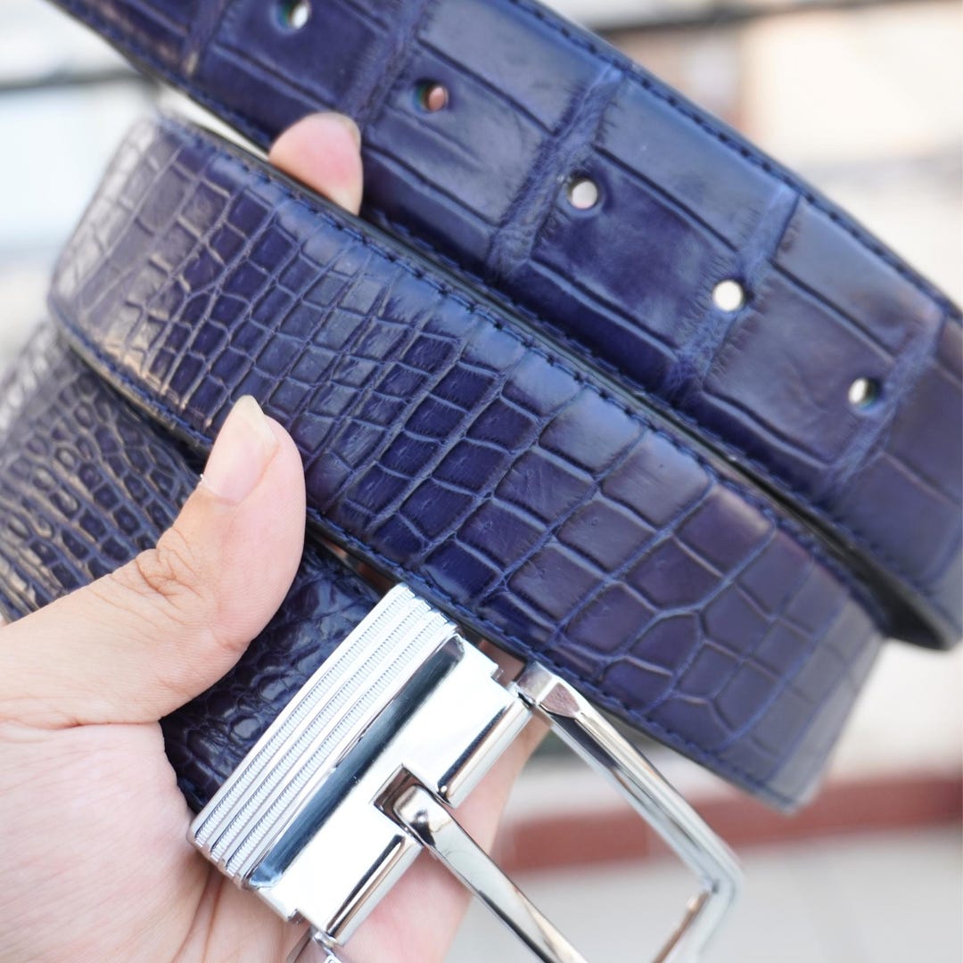 Men's Belvedere Genuine American Alligator Dress Belt in Navy Blue