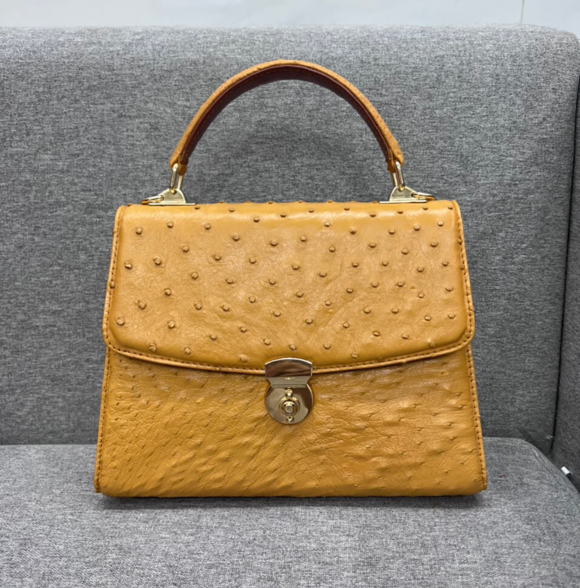 Exotic Orange Genuine Ostrich Skin Leather Handbag