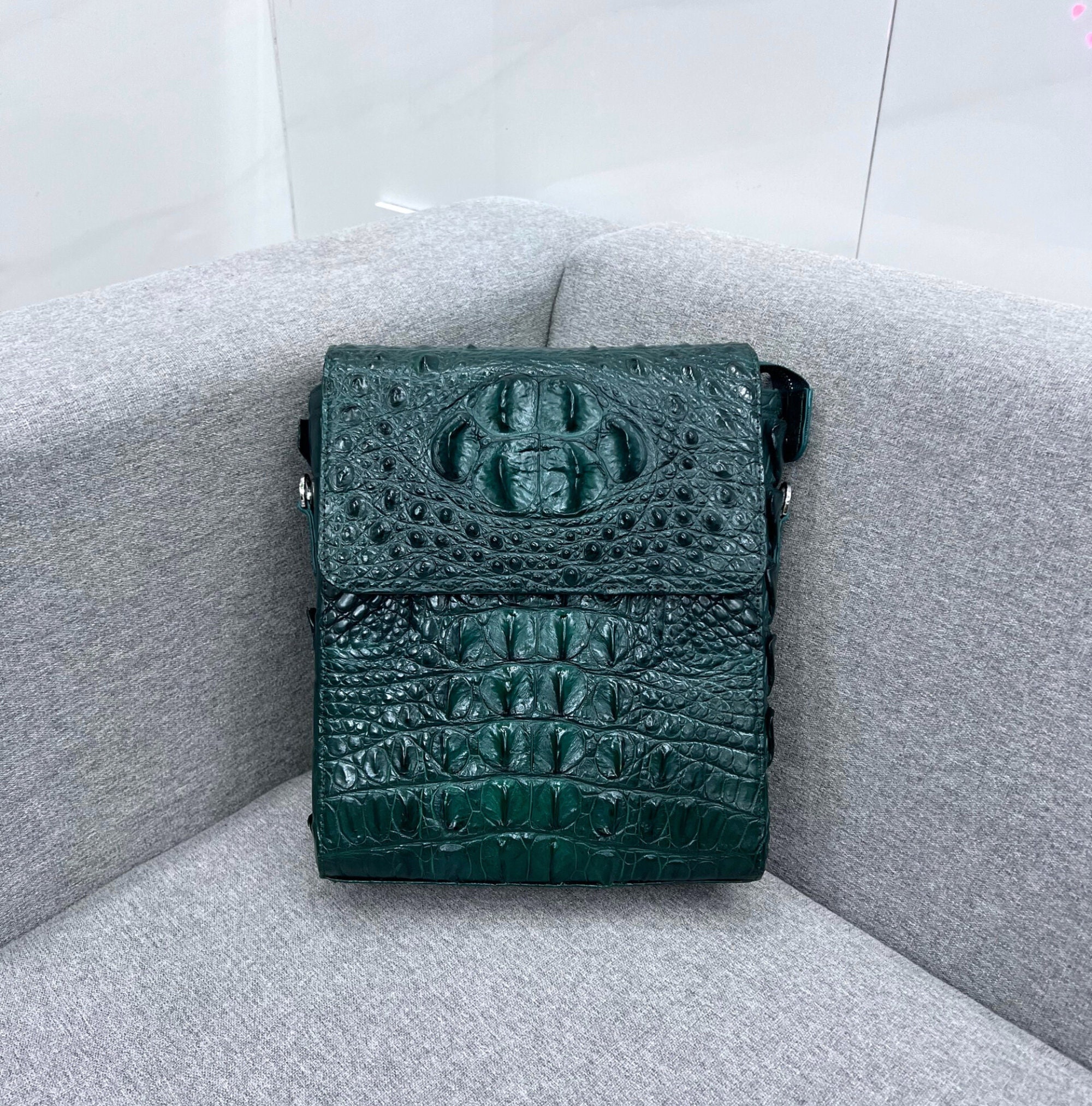 Dark Green Alligator Genuine Leather Skin Men Bag-gift for Him