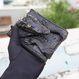 Cartera de cuero genuino negro de doble cara / Cartera de cocodrilo / Cartera personalizada / Cartera hecha a mano / Cartera personalizada