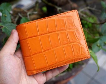 Double Sides Orange Alligator Belly Leather Bifold Wallet/ Personalized Wallet For Men/ Anniversary Gift For Him/Mens Wallet/ Custom Wallet