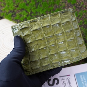 Portefeuille à deux volets pour homme, peau d'alligator véritable vert mousse, portefeuille pour homme, portefeuille en cuir exotique haut de gamme