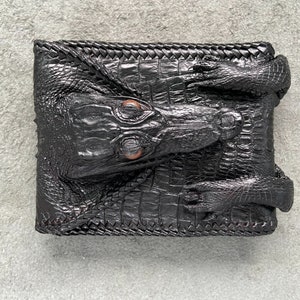 Dubbele zijden zwarte lederen portemonnee / portemonnee alligator / aangepaste portemonnee / handgemaakte portemonnee / gepersonaliseerde portemonnee