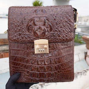 Double Sides Brown Alligator Leather Men Crossbody Bag-Gift For Him-Birthday Gift-Handmade Bag