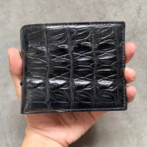 Cartera plegable de piel auténtica de cocodrilo negra para hombre, regalo para él, billetera exótica premium