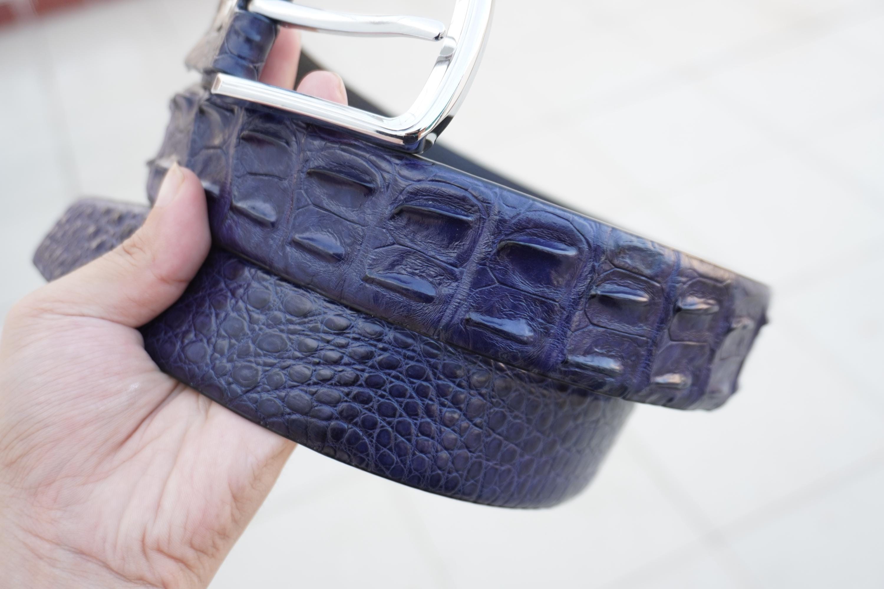 Navy Blue Handmade Genuine Alligator Horn Leather Skin Men display picture 2