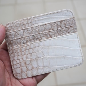 ホワイト ミニマリスト クレジットカードホルダー アリゲーターレザー RFID ブロック 薄型 両面 スリム ハンドメイド エキゾチックレザー ウォレット