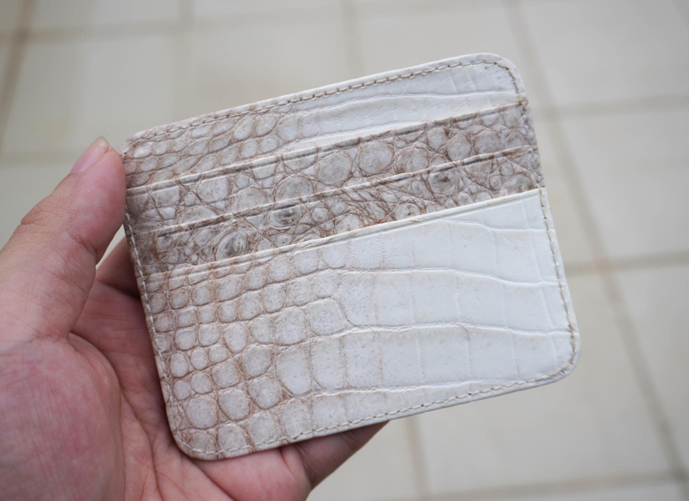White Minimalist Credit Card Holder Alligator Leather RFID Blocking Thin Double Side Slim Handmade Exotic Leather Wallet