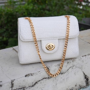 Alligator Pure White Genuine Belly Leather Skin Women&#39;s Crossbody Bag With Gold Hardware, Premium Exotic Leather Bag, Luxury Women Purse