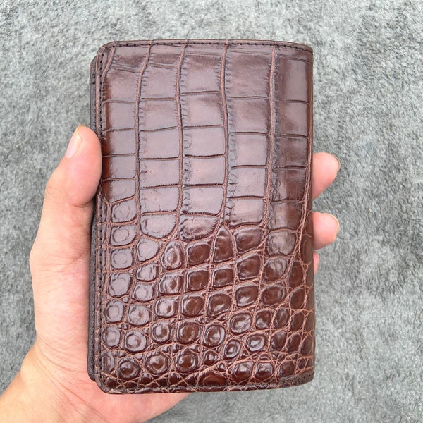 Brown Genuine Alligator Leather Skin Men's Bifold Passport Wallet , Gifts for him , Xmas presents
