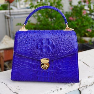 Blue Genuine Alligator Horn Leather Skin Women&#39;s Purse With Gold Hardware, Top Handle Bag, Luxury Leather Bag For Her