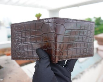 Cartera plegable de piel de cocodrilo marrón de doble cara/cartera personalizada para hombre/regalo de aniversario para él/cartera para hombre/cartera personalizada