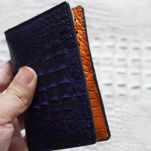 Portafoglio porta carte di credito bifold minimalista di lusso blu navy-arancione in pelle di alligatore, da uomo, con doppia faccia, per uomo, porta carte di credito, porta documenti d'identità