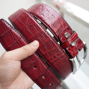 Burgundy Genuine Alligator Belly Leather Skin Men Belt W 1.3 Inch With Removable Screws Pin Buckle/ Birthday Gifts Men/  Men Leather Belt