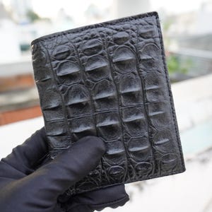 Cartera plegable de piel de asta de cocodrilo negra para hombre/Cartera personalizada para hombre/Regalo de aniversario para él/Cartera para hombre/Cartera de cuero de lujo