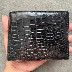 Zwarte alligator lederen huid mannen bifold portemonnee, gepersonaliseerde portemonnee, handgemaakte lederen portemonnee
