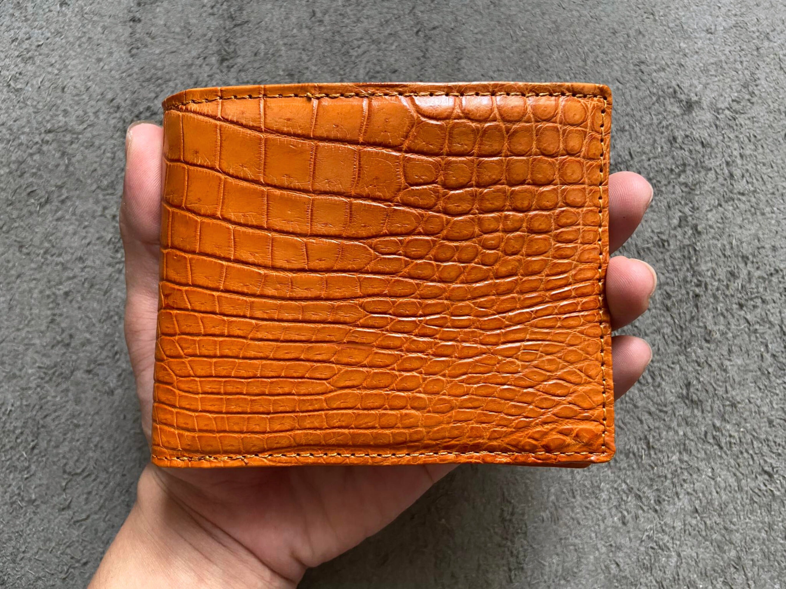 Portefeuille Homme En Véritable Cuir Croco - Orange Bifold Fait Main Vietnam - Neuf