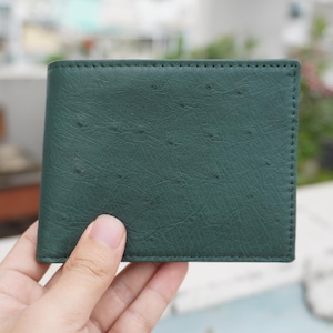 Portefeuille à deux volets pour hommes en cuir véritable d'autruche verte, double face, portefeuille en cuir fait main, portefeuille en cuir exotique de qualité supérieure
