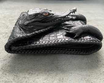 Portefeuille en cuir véritable noir/ Portefeuille Alligator/ Portefeuille personnalisé/ Portefeuille fait main/ Portefeuille personnalisé