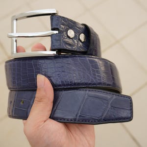 Navy Blue Handmade Genuine Alligator Belly Leather Skin Men&#39;s Belt W 1.3 Inch With Removable Screws Silver Pin Buckle, Birthday gifts