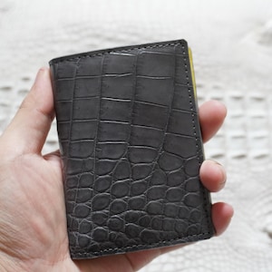 Gray-Yellow Luxury Minimalist Mini Slim Double Side Alligator Belly Leather Bifold Card Case Men/ Card Holder Wallet/ ID Card Wallet