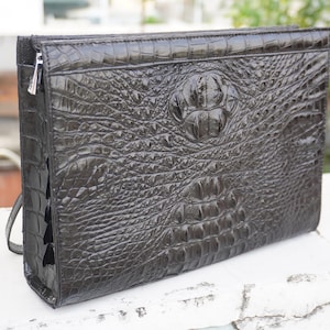Pochette pour hommes en cuir de corne véritable d'alligator noir avec matériel argenté/pochette en cuir/pochette faite main/cadeau de Noël