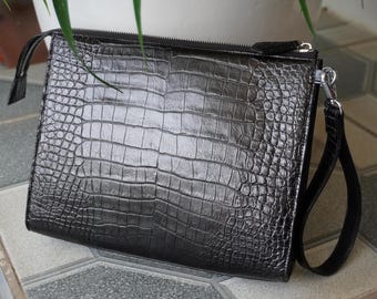 Black Alligator Genuine Belly Leather Skin Men Clutch With Silver Hardware/ Leather Clutch/ Handmade Clutch/ Christmas gift