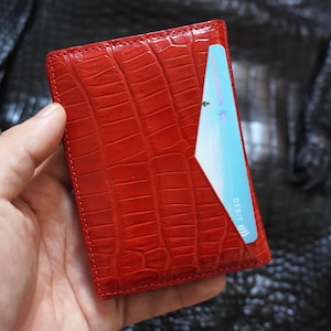 Tarjetero minimalista de lujo rojo, mini, delgado, de doble cara, de piel de cocodrilo, plegable, para hombre, tarjetero, cartera para hombre, tarjetero para identificación