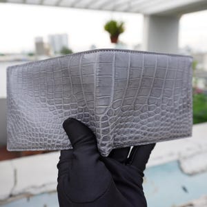 Cartera plegable de piel de cocodrilo de doble cara gris/cartera personalizada para hombre/regalo de aniversario para él/cartera para hombre/cartera personalizada