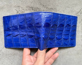Cartera de hombre de piel de cocodrilo azul con cola trasera auténtica, cartera de cuero hecha a mano para hombre