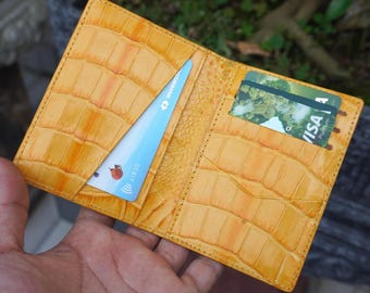 Yellow Luxury Minimalist Mini Slim Double Sides Alligator Belly Leather Bifold Card Case Men/ Card Holder Wallet/ Men Wallet/ ID Card Wallet