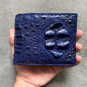 Cartera plegable para hombre de piel auténtica con cuerno de cocodrilo azul marino, cartera de piel exótica de primera calidad, regalo para él
