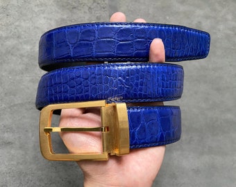 Ceinture pour homme en peau d'alligator bleu en cuir véritable W 1,3 pouces, cadeau pour lui, cadeau d'anniversaire