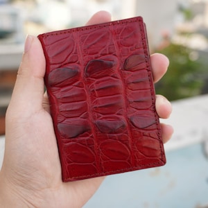Porta carte di credito bifold in pelle di alligatore minimalista di lusso bordeaux, da uomo, mini sottile, doppio lato, porta carte, portafoglio da uomo