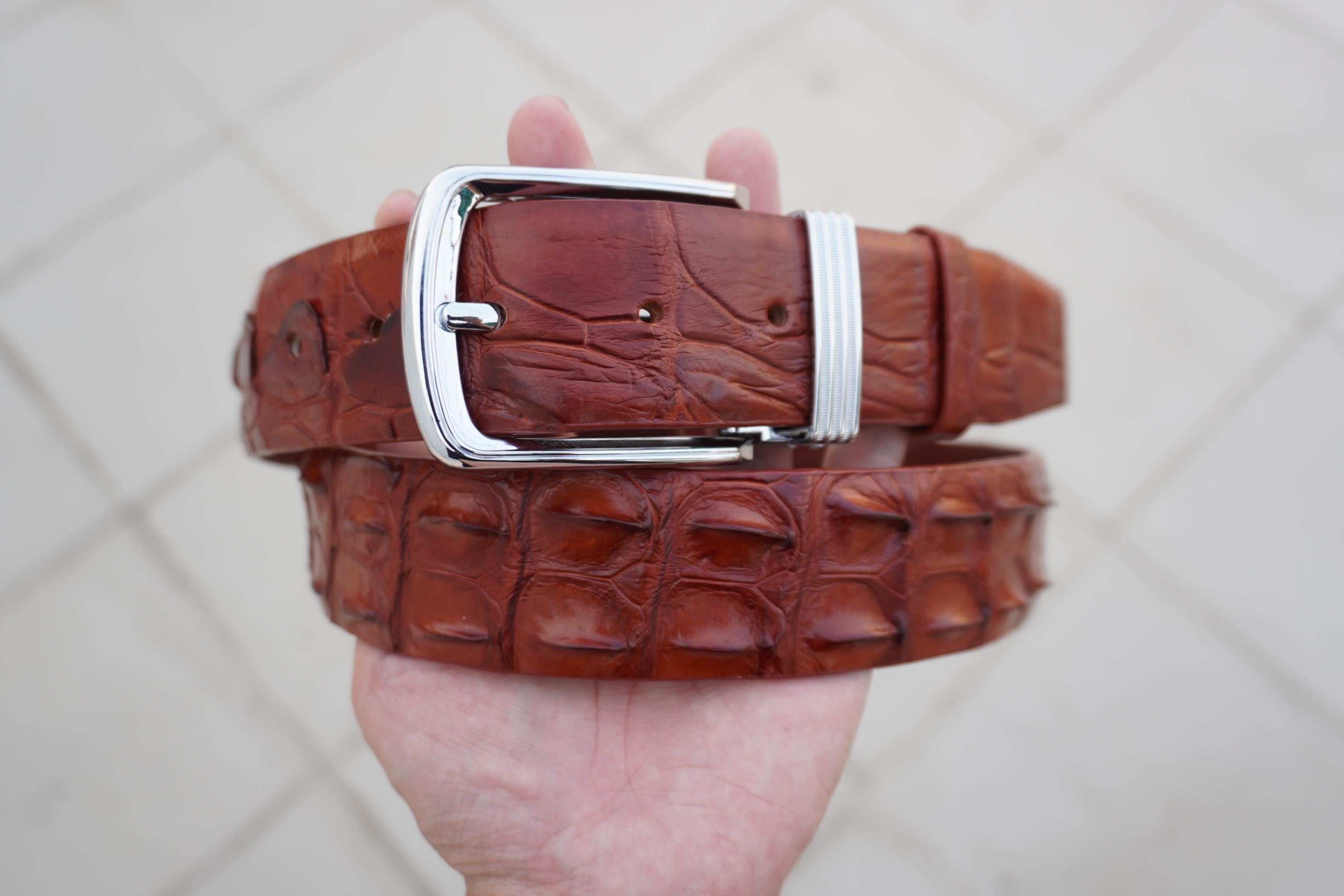 Brown Leather Studded *Alligator Belt Brass Buckle Cognac Size Small‎ Sm 1 main image 3