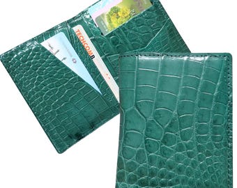 Green Luxury Minimalist Mini Slim Double Sides Alligator Belly Leather Bifold Card Case, Card Holder Wallet, Men Wallet, ID Card Wallet